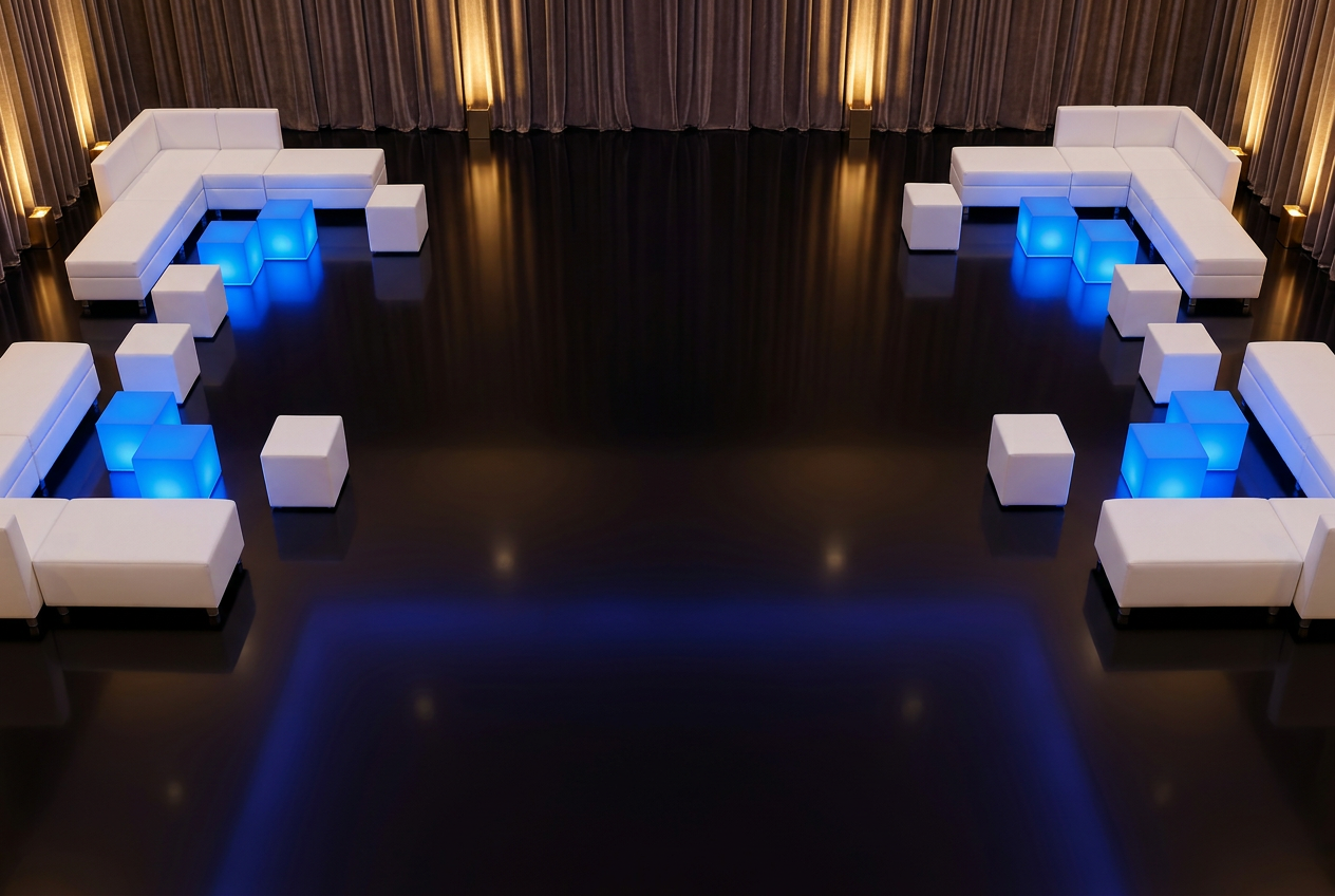 Legacy lounge set with large symmetrical white sectionals and blue LED cubes inside an elegant event venue