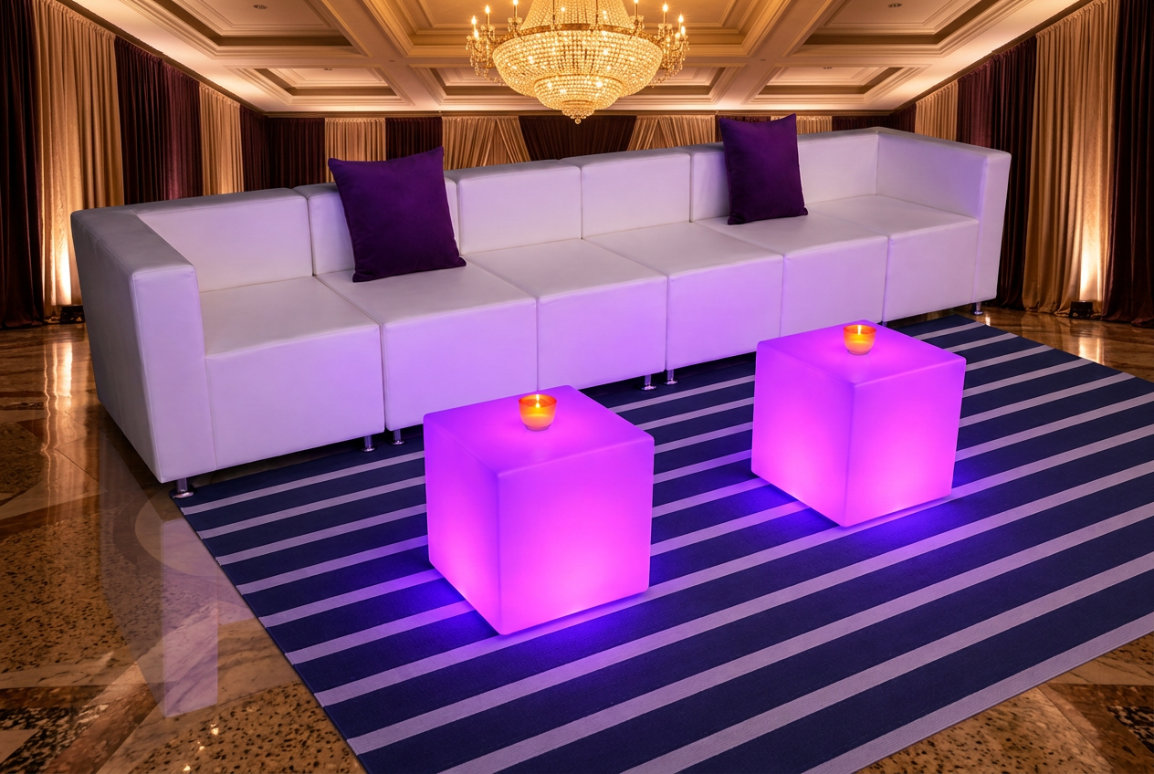 Signature lounge set with white modular sofa and pink LED cubes inside an elegant ballroom