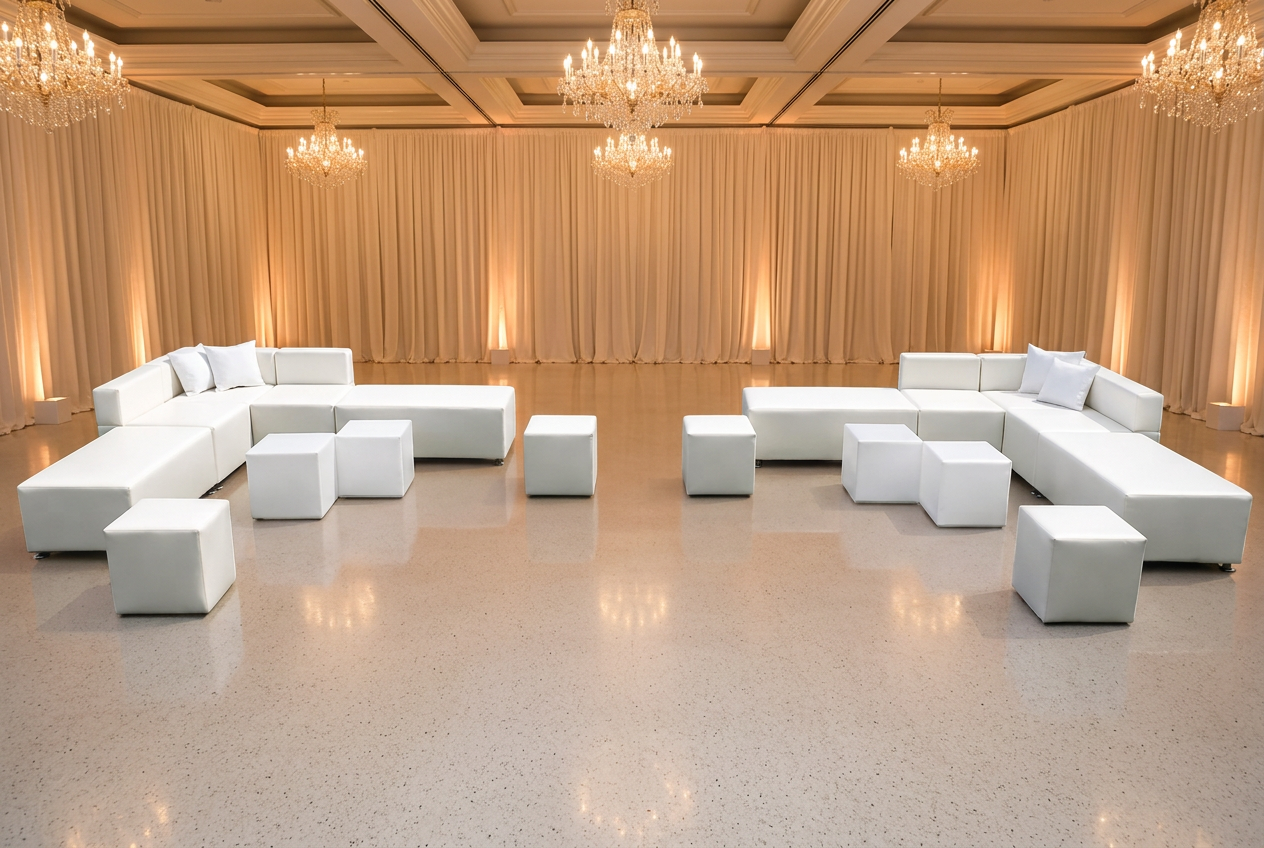 Elite lounge set with two large white sectional groupings inside a bright indoor event hall