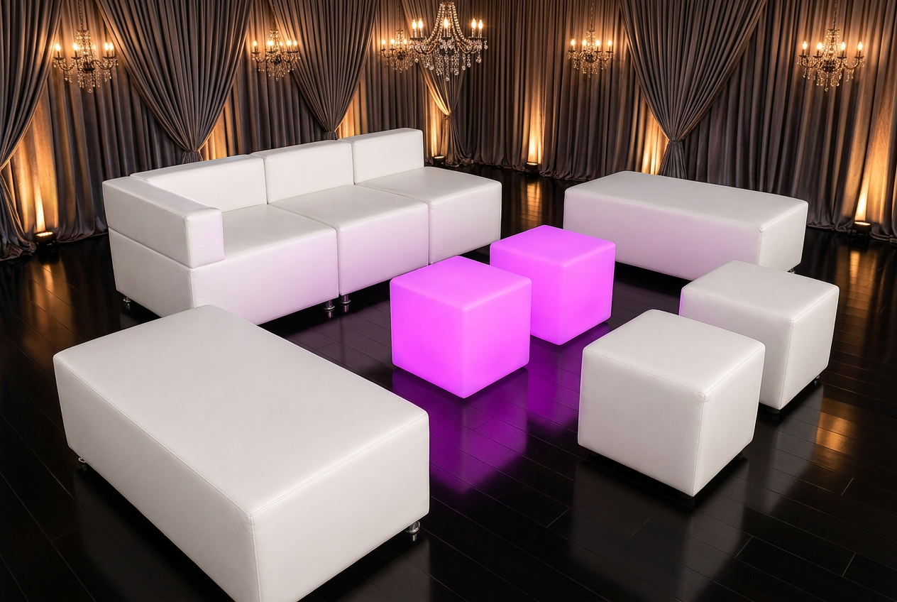 Premier lounge set with modular white seating and pink LED cubes inside an upscale indoor venue