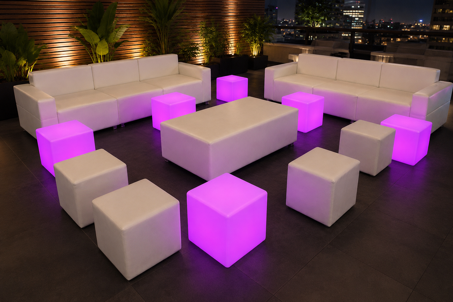 Luxury white modular lounge furniture set up at an elegant evening event