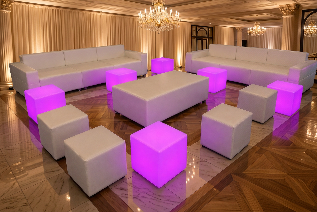 Executive lounge set with two white sofas, ottomans, and pink LED cubes in a chandelier-lit ballroom